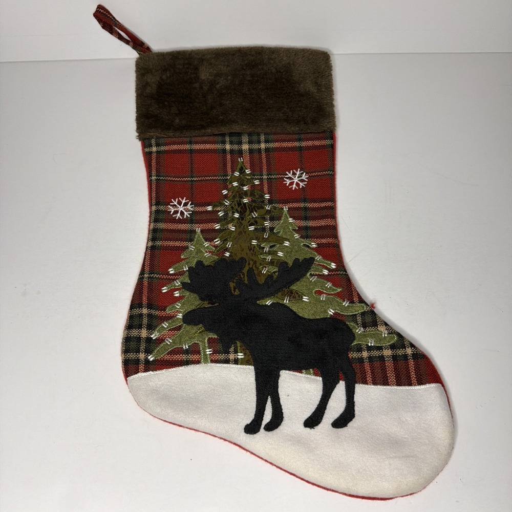 Moose Christmas Stocking Embroidered & Trees Outdoors Rustic NEW Faux Fur 19"